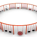 Circular Playground Equipment With Red Frame Netted Fences And Multiple Swings