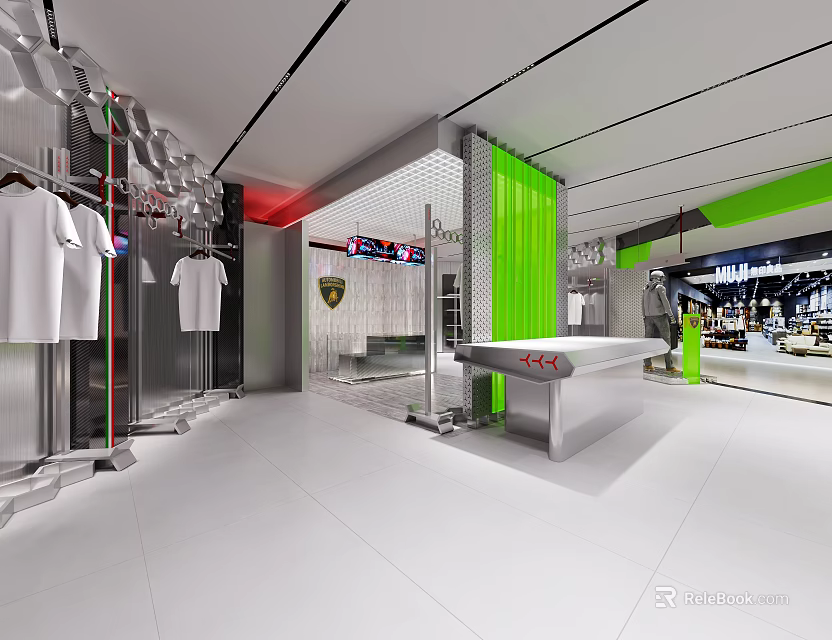 Modern Clothing Store Interior With White Apparel On Hangers Green Partition And White Floor 3d model 