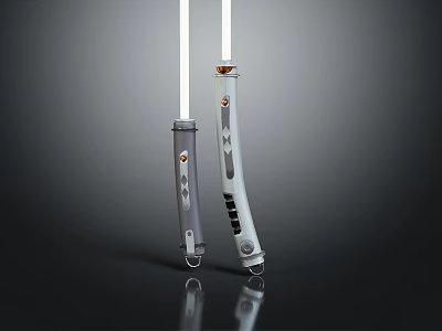 Two Gray And White Detailed Hilt Lightsaber Weapon On Dark Background With Reflection 3d model
