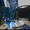 Romantic Blue Themed Hotel Room Interior With Round Bed Blue Canopy Fish Murals And Bathtub