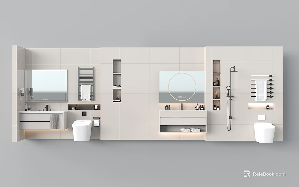 Sleek Modern Bathroom Showcase Shelves With Round Mirrors And Storage Units 3d model