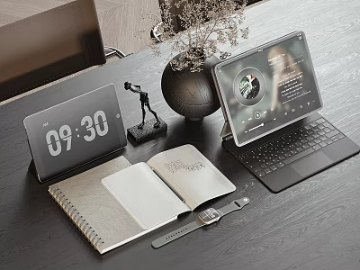 Two Tablets On Wooden Desk One Showing Time 0930 Another With Keyboard Notebook And Watch 3d model