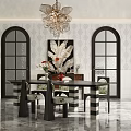 Elegant Restaurant Interior With Chandelier Dining Table Chairs Large Windows And Marble Floor