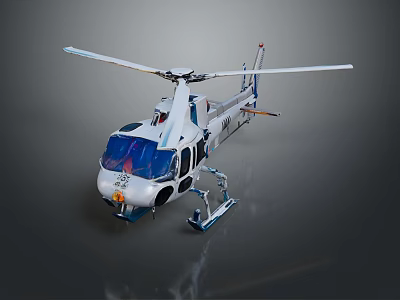 Detailed White Helicopter With Rotors Landing Gear And Blue Accents 3d model