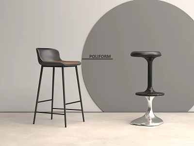 Modern Bar Stools With Black Metal Frame Wooden Seat And Silver Round Base 3d model