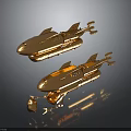 Futuristic Golden Cosmic Aerospace Spaceship Models Floating On Black Background With Reflective Effect