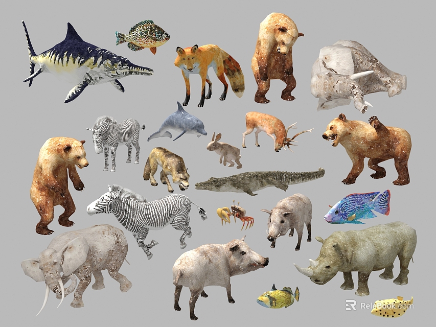 Reptile Crocodile Among Various Wild Animals Including Bear Zebra And Fish 3d model 