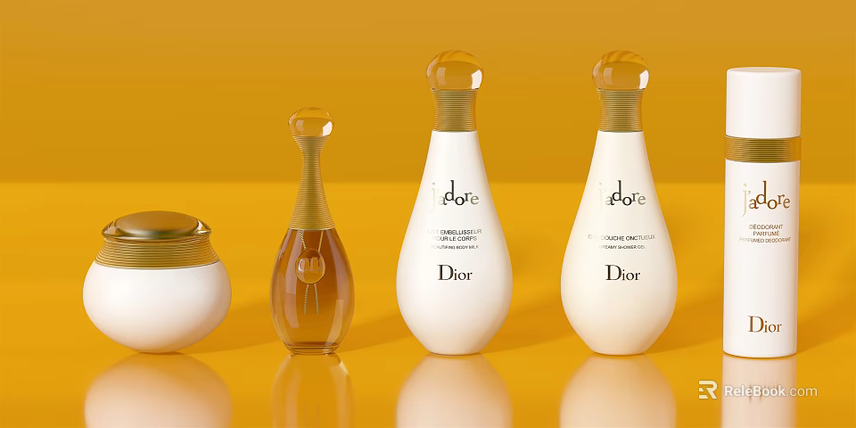 Dior Perfume And Cosmetics Collection With Elegant Bottles On Yellow Background 3d model 