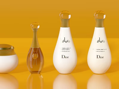 Dior Perfume And Cosmetics Collection With Elegant Bottles On Yellow Background 3d model