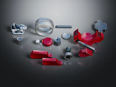 Various Mechanical Parts Including Metal Components Red Plastic Accessories And Transparent Cylinders 3d model