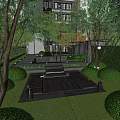 Serene Residential Landscape With Seating Area Lush Trees Greenery Lawn And Stone Pathway