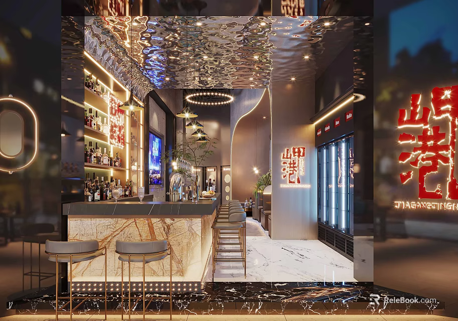 Stylish Modern Bar Interior Design With Mirrored Ceiling Counter Stools And Bottle Shelves 3d model 