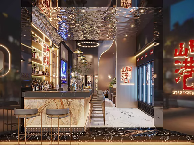 Stylish Modern Bar Interior Design With Mirrored Ceiling Counter Stools And Bottle Shelves 3d model