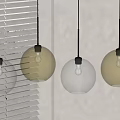 Four Spherical Pendant Lights Transparent And Gold Hanging With Blinds And Light Colored Walls