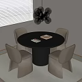 Modern Round Black Dining Table Set With Light Gray Chairs And Pendant Light 3d model