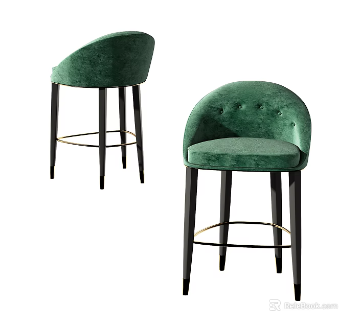 Green Velvet Bar Stools With Arched Button Tufted Backrest Black Legs And Gold Accents 3d model 