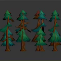 Colorful Cartoon Style Trees With Green Red Blue Canopies And Orange Trunks In Forest Scene