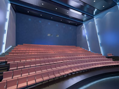 Spacious Cinema Interior With Red Seats Stadium Seating And Blue Lighting 3d model