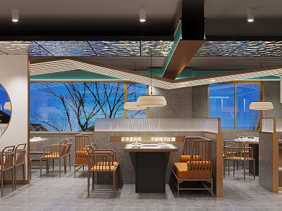 Modern Hotpot Restaurant Interior With Wooden Partition Seating Hanging Lamps Large Windows And Tree Views 3d model