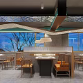 Modern Hotpot Restaurant Interior With Wooden Partition Seating Hanging Lamps Large Windows And Tree Views