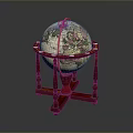 Vintage Red Wooden Globe Stand With Floral Pattern Decorative Furniture Piece