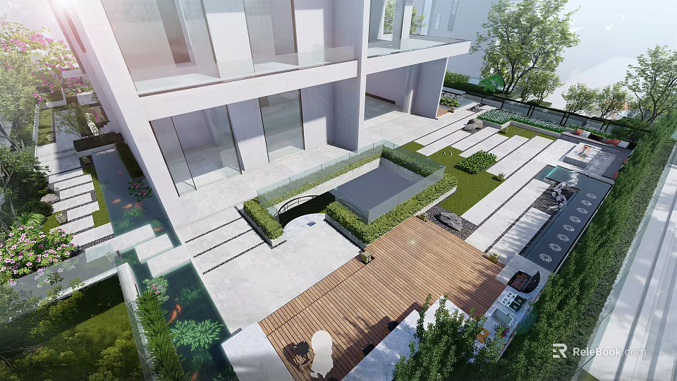 Modern Courtyard Garden Design With Stone Paving Wooden Deck Green Plants And Water Feature 3d model 