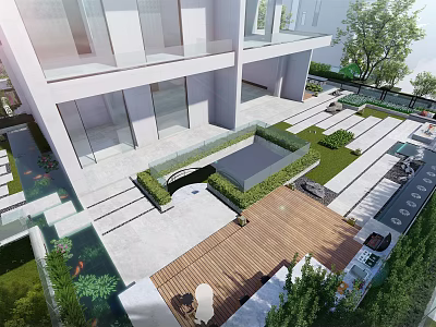 Modern Courtyard Garden Design With Stone Paving Wooden Deck Green Plants And Water Feature 3d model