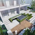 Modern Courtyard Garden Design With Stone Paving Wooden Deck Green Plants And Water Feature