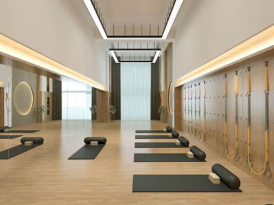 Modern Spacious Fitness Studio With Yoga Mats Blocks Resistance Bands And Mirrors On Wooden Floor 3d model