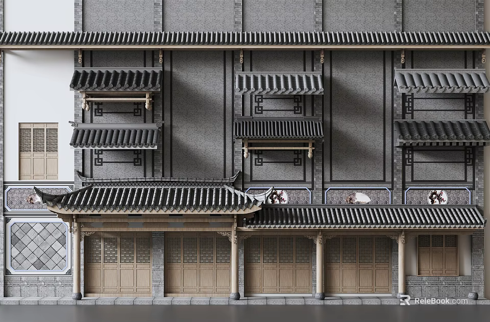 Traditional Chinese Architectural Components Featuring Eaves Brackets Tile Roofs And Wooden Doors 3d model 
