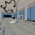 Modern Lobby Front Desk Reception with Stylish Chandelier Comfortable Sofa Water Feature and Large Windows