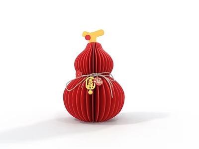 Red Gourd Shaped Paper Craft Decorative Ornament Set With Yellow Top Red Ribbon Golden Fu 3d model