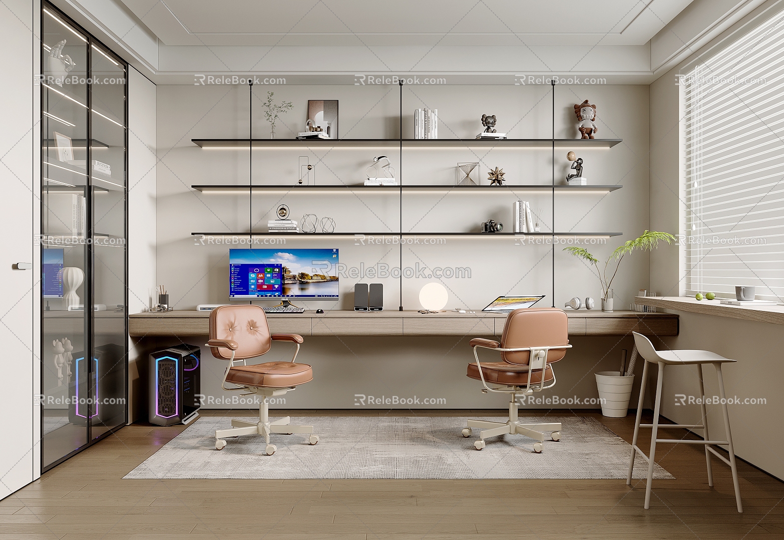 Study Desk and Chair Display Cabinet Bar Chair 3d model