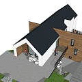 Modern Detached Villa With White And Wooden Exterior Balconies And Parking Cars In Mountain Area