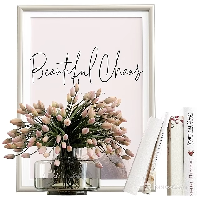 Stylish Decorative Ornament Set With Vase Flowers Books And Wall Art 3d model 