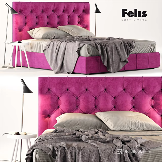 Pink Velvet Double Bed With Tufted Headboard Gray Blanket And Pillows 3d model 