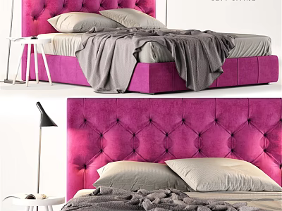 Pink Velvet Double Bed With Tufted Headboard Gray Blanket And Pillows 3d model