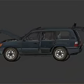 Blue Minivan with Open Doors and Hood Revealing Engine and Interior Details
