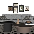 Modern Living Room Interior With Brown Leather Sofa Framed Artworks Green Plant And Geometric Rug