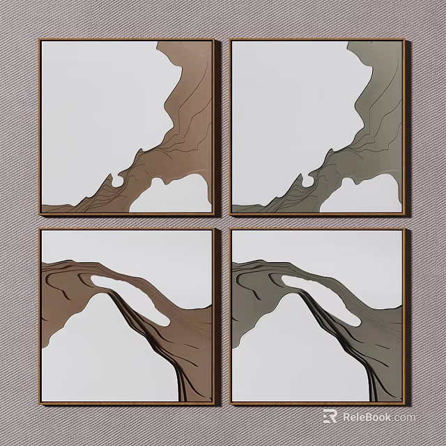 Abstract Four Panel Wall Art with Brown Gray Tones for Home Decor 3d model