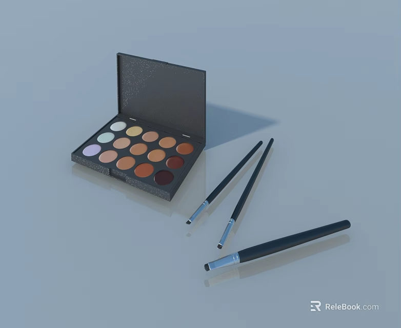 Open Eyeshadow Palette With Multiple Color Shades And Three Makeup Brushes 3d model