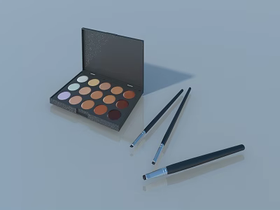 Open Eyeshadow Palette With Multiple Color Shades And Three Makeup Brushes 3d model