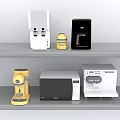 White Black Yellow Kitchen Appliances Including Blender Microwave And Coffee Maker On Shelves