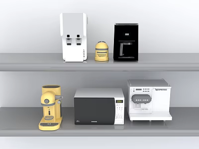 White Black Yellow Kitchen Appliances Including Blender Microwave And Coffee Maker On Shelves 3d model