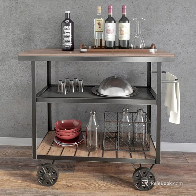 Portable Kitchen Cart With Wooden Top Metal Frame And Storage For Bowls Glasses Wine Bottles 3d model 