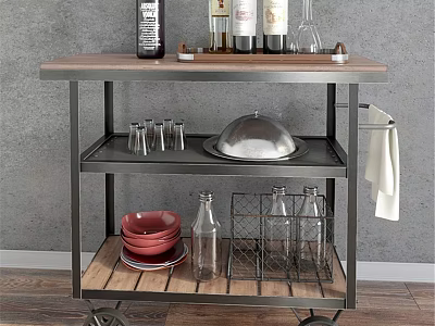 Portable Kitchen Cart With Wooden Top Metal Frame And Storage For Bowls Glasses Wine Bottles 3d model
