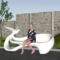 Unique Curved White Public Chair in Outdoor Space with Green Plants and Stone Wall