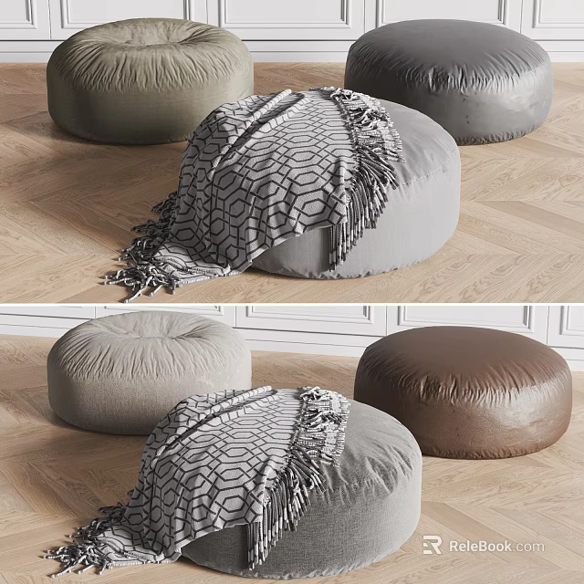 Stylish Round Gray Brown Fabric Leather Ottomans With Textured Blanket On Wooden Floor Minimalist Setting 3d model 