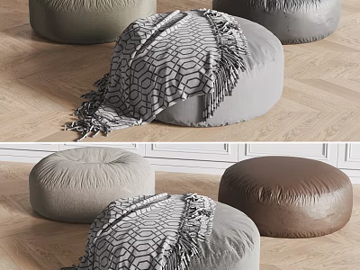Stylish Round Gray Brown Fabric Leather Ottomans With Textured Blanket On Wooden Floor Minimalist Setting 3d model