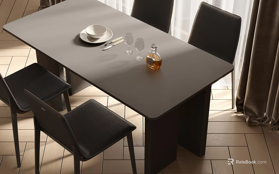 Modern Gray Dining Table Set With Black Chairs And Tableware Glassware 3d model 